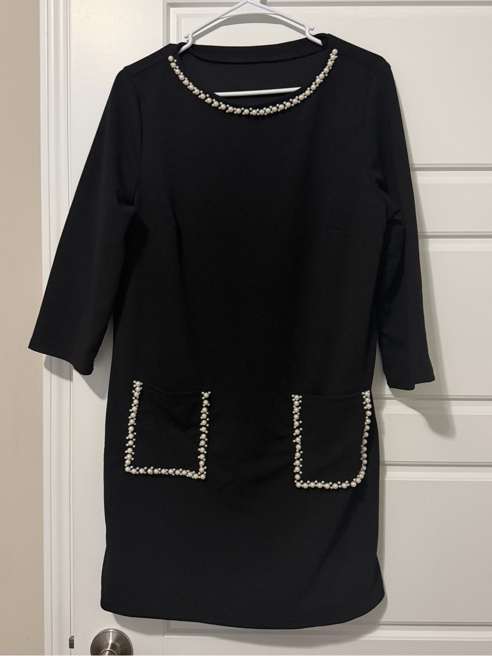 Black Pearl-Trim Midi Shift Dress